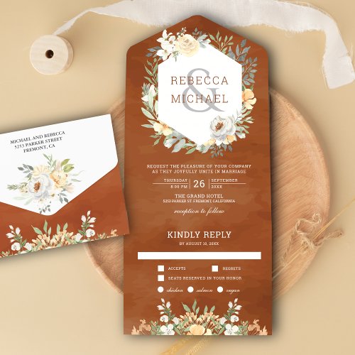 Rustic Watercolor Peach Floral Terracotta Wedding All In One Invitation