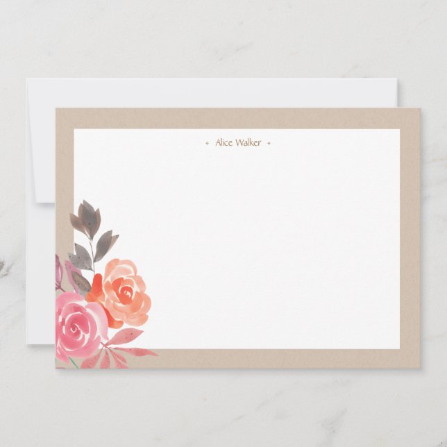 Rustic Watercolor Peonies Kraft Stationery Note Card (Front)