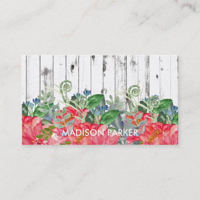 Rustic Watercolor Peonies on Distressed White Wood Business Card (Front)