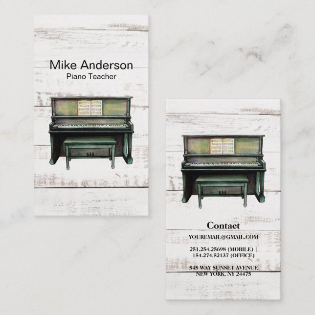 Rustic Watercolor Piano Teacher Business Card (Front/Back)