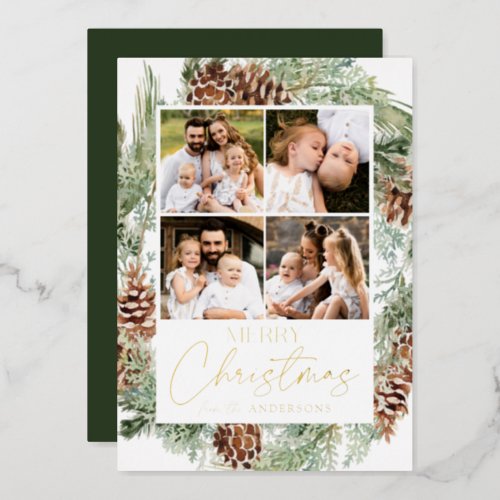 Rustic Watercolor Pine Cone Photo Collage Foil Holiday Card
