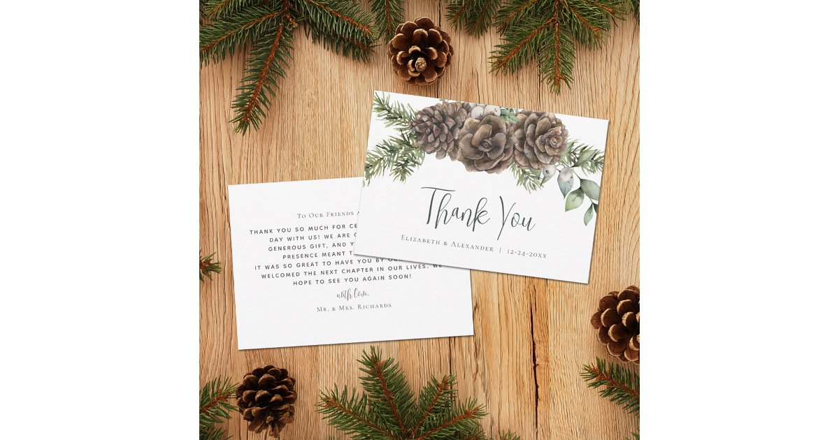Rustic Watercolor Pine Cone Winter Wedding Thank You Card | Zazzle