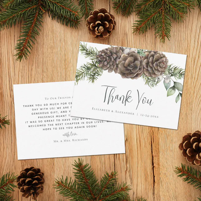 Rustic Watercolor Pine Cone Winter Wedding Thank You Card | Zazzle
