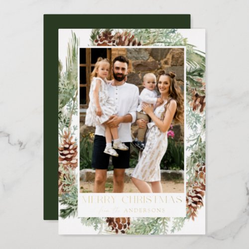 Rustic Watercolor Pine Cone Wreath 2 Photo Foil Holiday Card