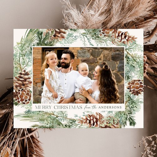 Rustic Watercolor Pine Cone Wreath 2 Photo Holiday Postcard