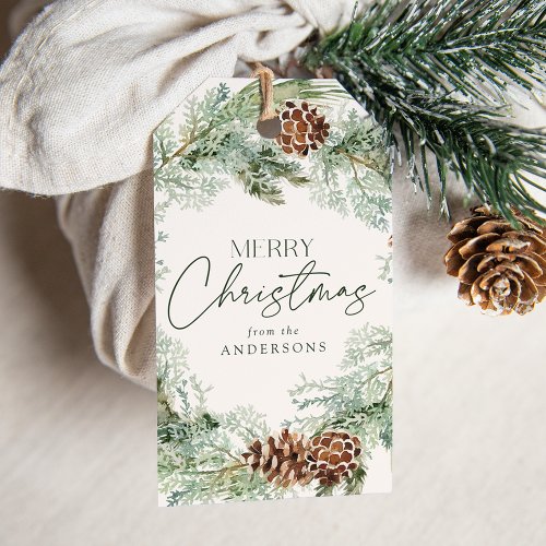 Rustic Watercolor Pine Cone Wreath Gift Tags