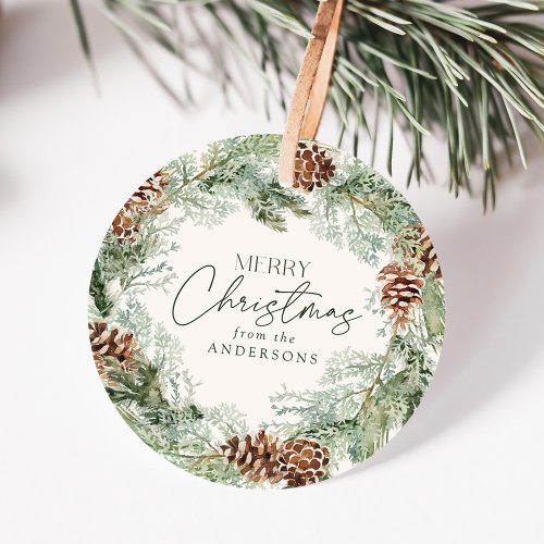 Rustic Watercolor Pine Cone Wreath Merry Christmas Favor Tags