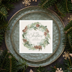 Rustic Watercolor Pine Cone Wreath Merry Christmas Napkins