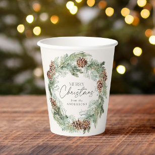 Rustic Watercolor Pine Cone Wreath Merry Christmas Paper Cups