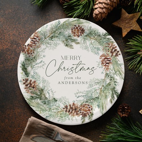 Rustic Watercolor Pine Cone Wreath Merry Christmas Paper Plates