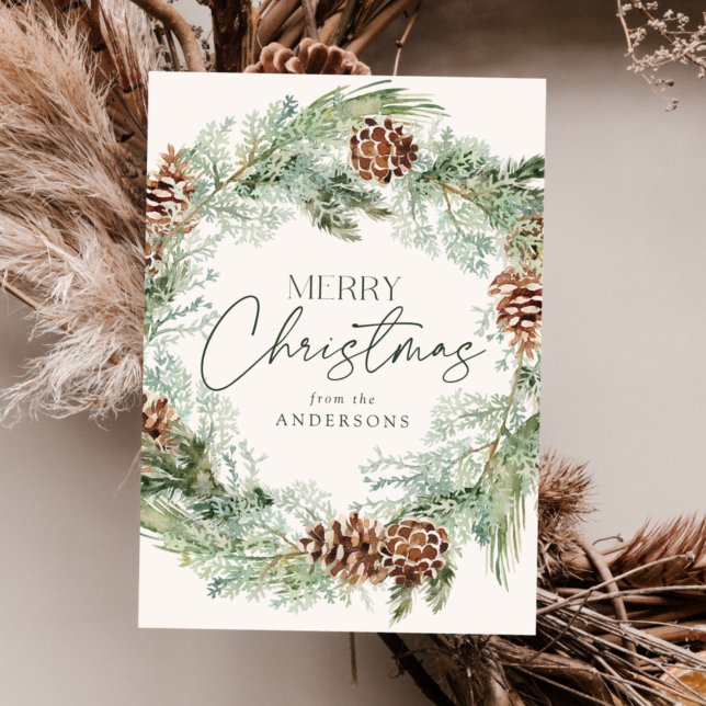 Rustic Watercolor Pine Cone Wreath Non-Photo Holiday Card (Creator Uploaded)