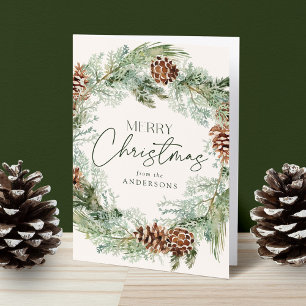 Rustic Watercolor Pine Cone Wreath Non-Photo Holiday Card