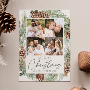 Rustic Watercolor Pine Cone Wreath Photo Collage Holiday Card