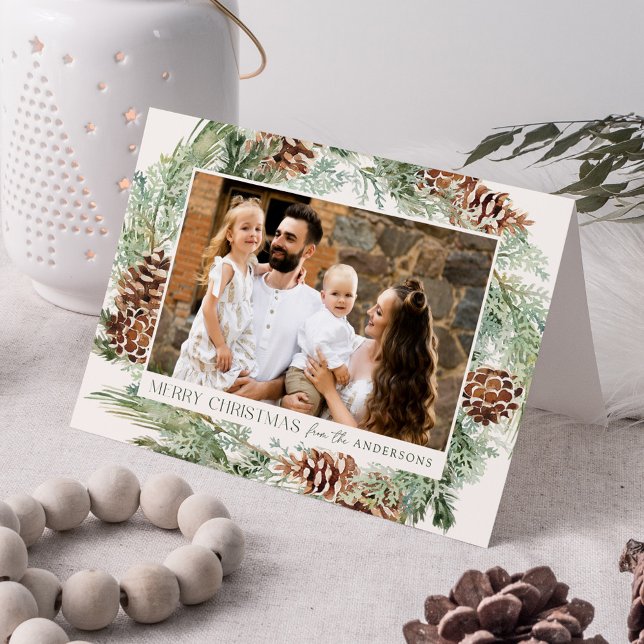 Rustic Watercolor Pine Cone Wreath Photo Holiday Card (Creator Uploaded)