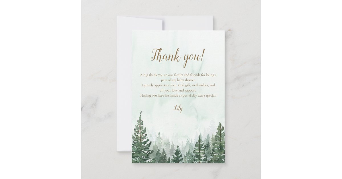 Rustic Watercolor Pine Forest Baby Shower Thank You Card | Zazzle