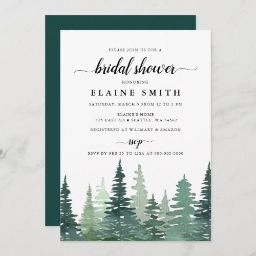 Rustic Watercolor Pine Forest Bridal Shower Invitation