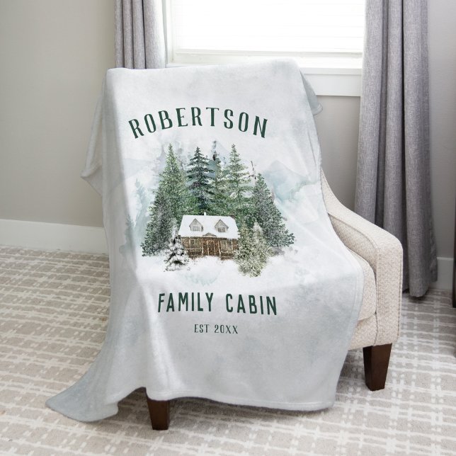 Rustic Watercolor Pine Forest Family Cabin  Fleece Blanket (Creator Uploaded)