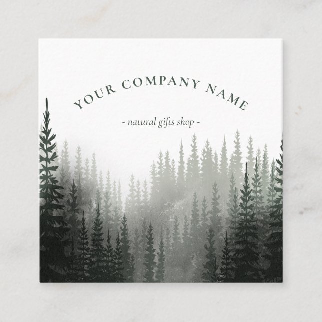 Rustic Watercolor Pine Forest Logo Square Business Card (Front)
