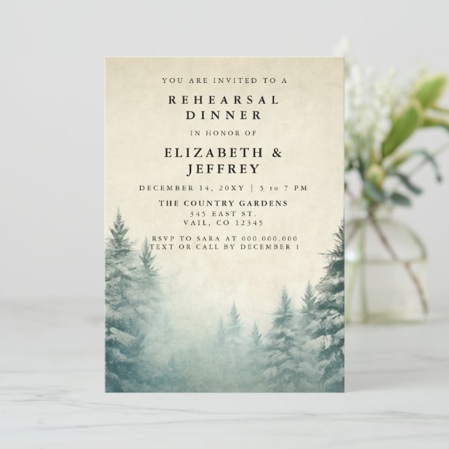 Rustic Watercolor Pine Forest Rehearsal Dinner Invitation (Standing Front)
