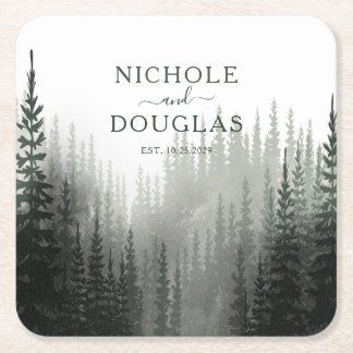 Rustic Watercolor Pine Forest Wedding Favor  Square Paper Coaster