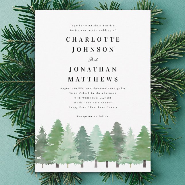 Rustic Watercolor Pine Forest Wedding Invitation (Modern elegant woodland winter wedding invitation Minimalist watercolor fir tree forest )