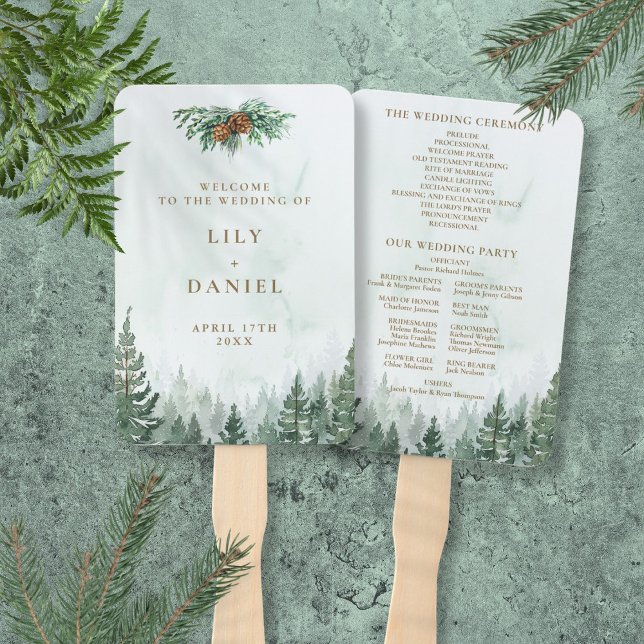 Rustic Watercolor Pine Forest Wedding Program Hand Fan (Rustic Watercolor Pine Forest Wedding Program Hand Fan)