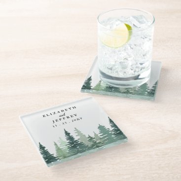 Rustic Watercolor Pine Forest Winter Wedding  Glass Coaster