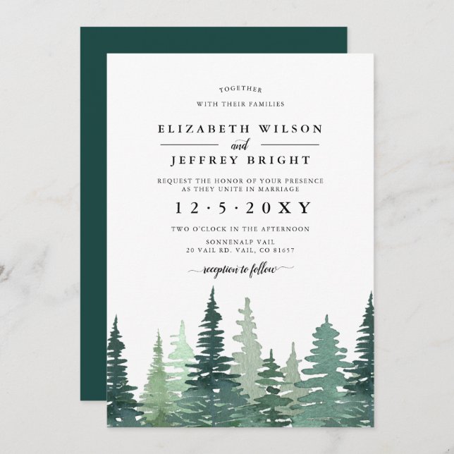 Rustic Watercolor Pine Forest Winter Wedding   Inv Invitation (Front/Back)