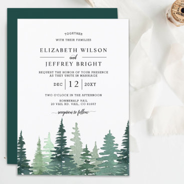 Rustic Watercolor Pine Forest Winter Wedding   Inv Invitation