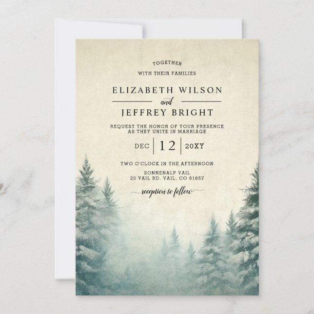 Rustic Watercolor Pine Forest Winter Wedding Invitation (Front)