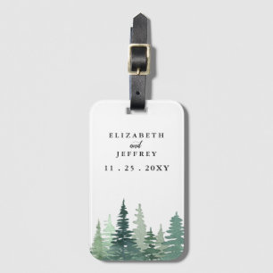 Rustic Watercolor Pine Forest Winter Wedding Luggage Tag