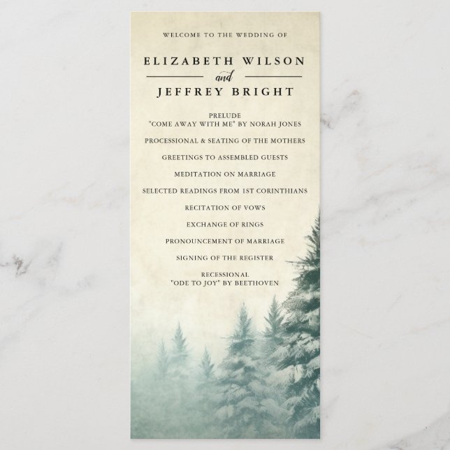 Rustic Watercolor Pine Forest Winter Wedding  Program (Front)