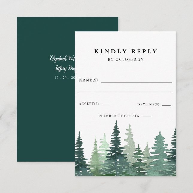 Rustic Watercolor Pine Forest Winter Wedding  RSVP Card (Front/Back)