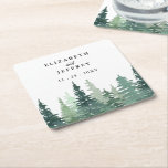 Rustic Watercolor Pine Forest Winter Wedding Square Paper Coaster at Zazzle