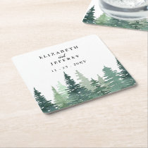 Rustic Watercolor Pine Forest Winter Wedding Square Paper Coaster