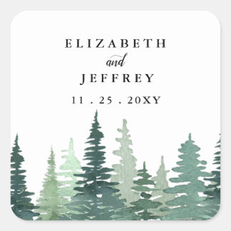 Rustic Watercolor Pine Forest Winter Wedding Square Sticker