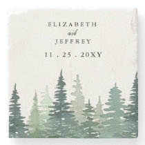 Rustic Watercolor Pine Forest Winter Wedding   Stone Coaster
