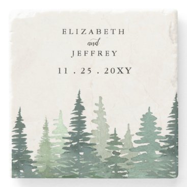 Rustic Watercolor Pine Forest Winter Wedding   Stone Coaster