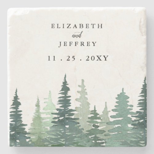 Rustic Watercolor Pine Forest Winter Wedding   Stone Coaster