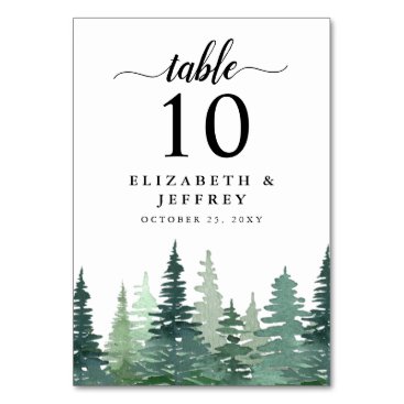 Rustic Watercolor Pine Forest Winter Wedding  Table Number