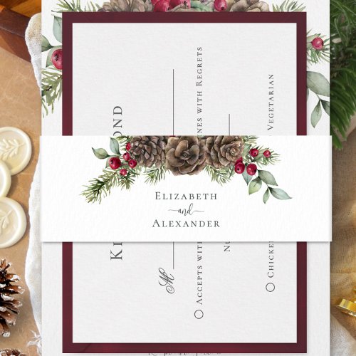 Rustic Watercolor Pine Greenery Christmas Wedding Invitation Belly Band