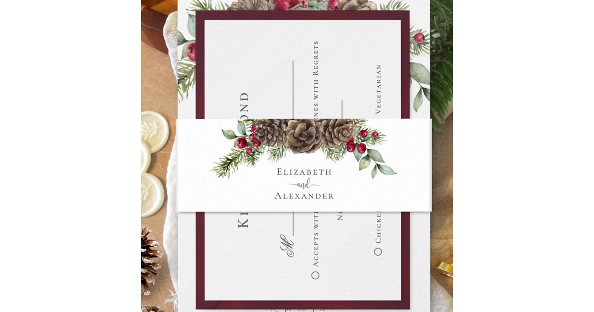 Rustic Watercolor Pine Greenery Christmas Wedding Invitation Belly Band ...