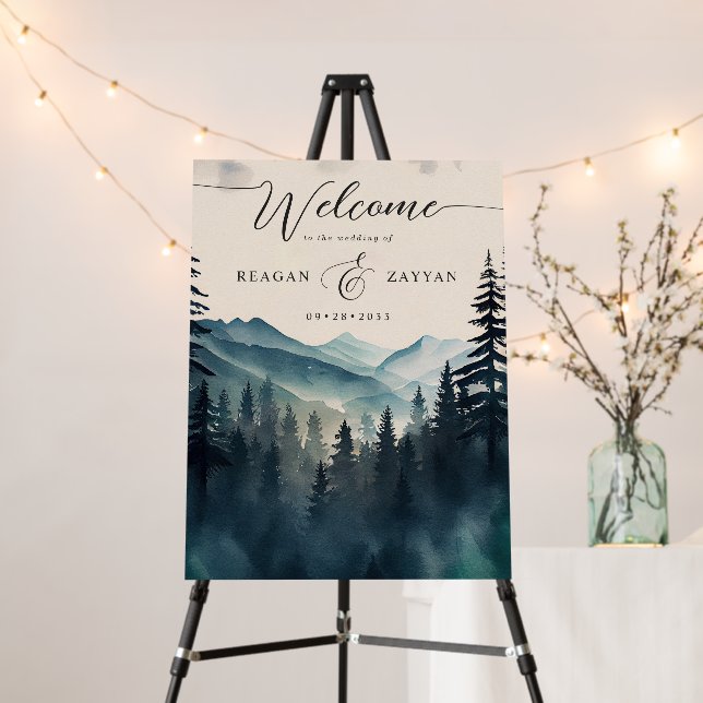 Rustic Watercolor Pine Mountain Wedding Welcome Foam Board (In Situ (Stand))