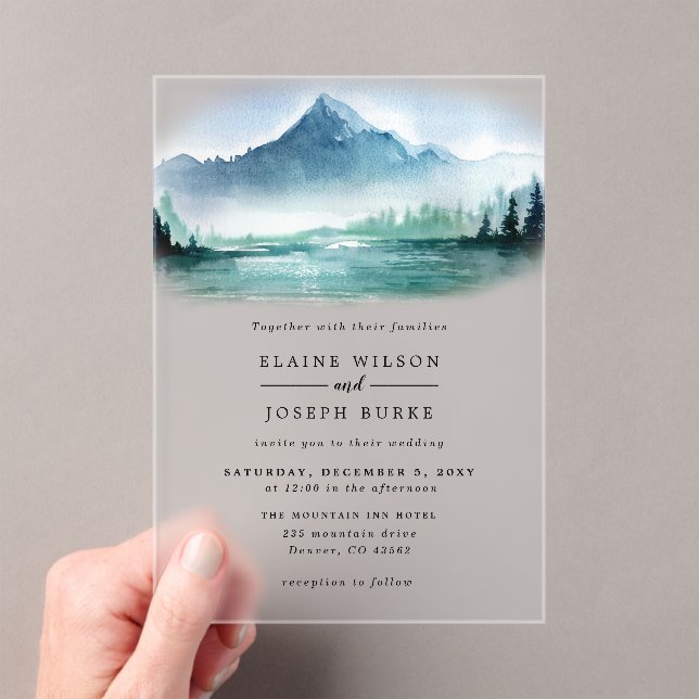 Rustic Watercolor Pine Mountains Lake Wedding Acrylic Invitations (Insitu (Handheld))