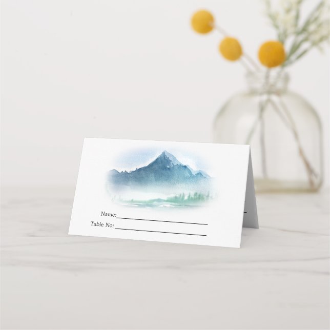 Rustic Watercolor Pine Mountains Lake Wedding Plac Place Card (Front)