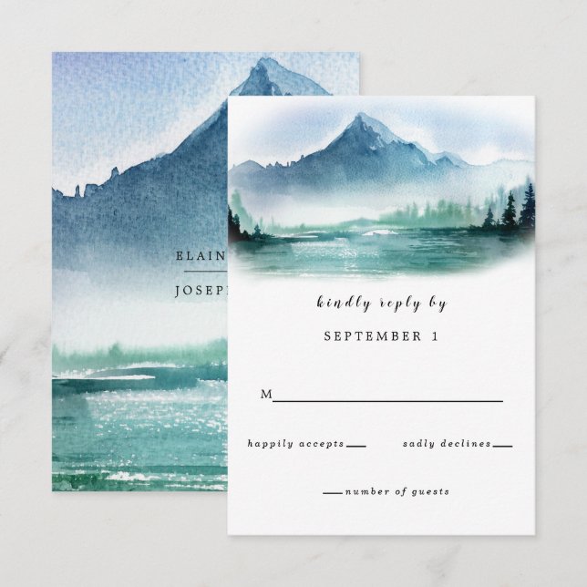 Rustic Watercolor Pine Mountains Lake Wedding RSVP Card (Front/Back)