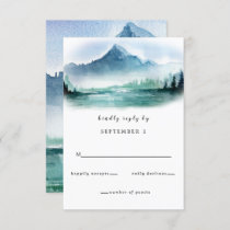 Rustic Watercolor Pine Mountains Lake Wedding RSVP Card