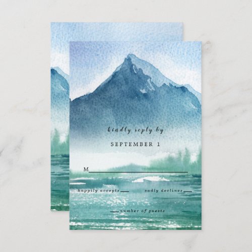 Rustic Watercolor Pine Mountains Lake Wedding RSVP Card