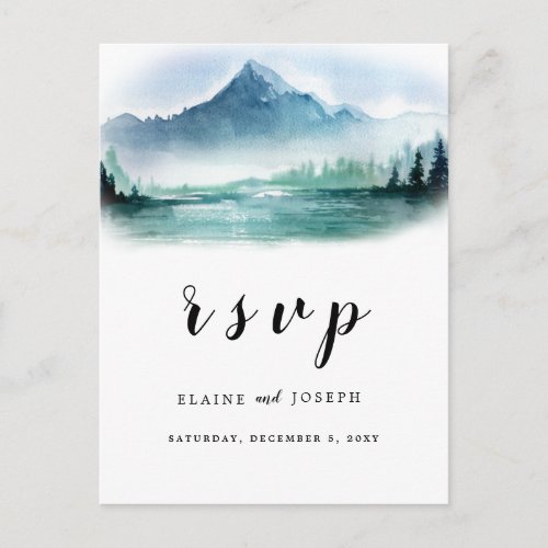 Rustic Watercolor Pine Mountains Lake Wedding Rsvp Invitation Postcard