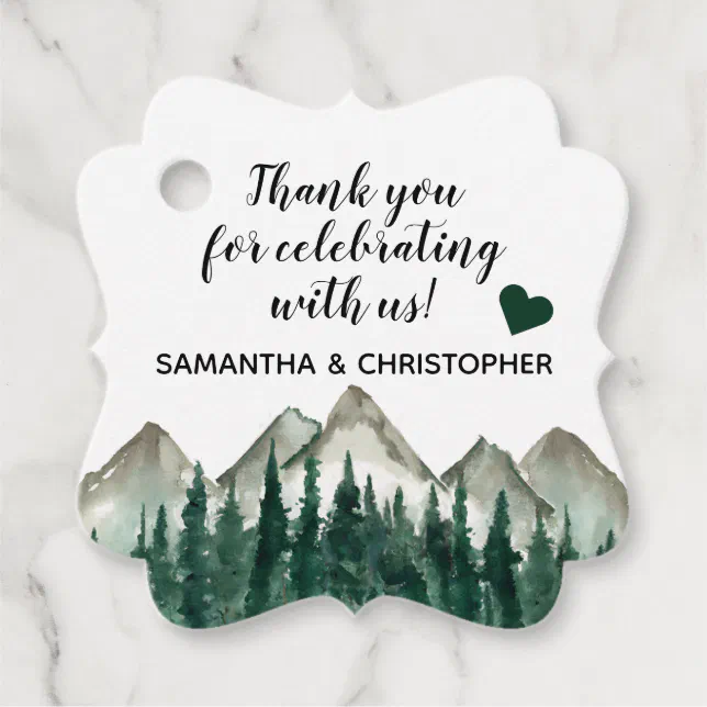Rustic Watercolor Pine Mountains Wedding Thank You Favor Tags | Zazzle
